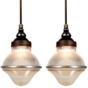 Matching Pair of Aluminum and Holophane Pendents