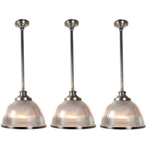 3 Beautiful Holophane Domes with Brushed Nickel Hardware and Bottom Glass