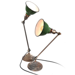 Pair of Faries Articulating Industrial Desk Lamps - Green Porcelain Domes