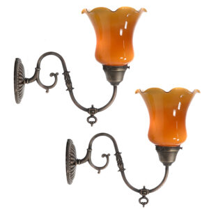 Matching Pair of Decorative Amber Over Milk Glass Tulip Sconces