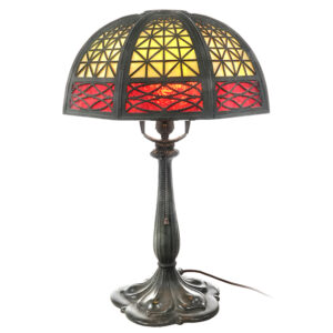 Table Lamp with Heavy Lattice Work Filigree and Red and Amber Glass