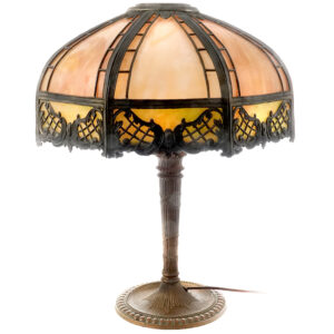 6 Panel Slump Glass Table Lamp with Lattice Work Filigree Overlay