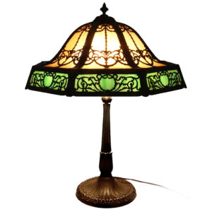 Beautiful Draped 16 Panel Green and Amber Stained Glass Table Lamp