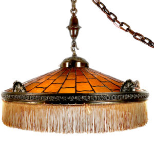 Large Bronze and Amber Leaded Glass Arts and Crafts Chandelier