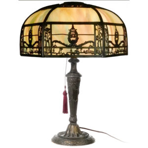 Large J Curve Slump Glass Table Lamp with Landscape Filigree Overlay