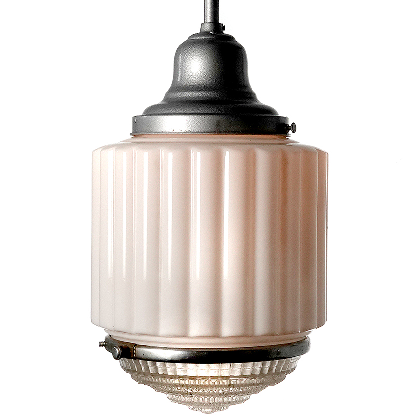 Milk Glass Deco with Clear Crystal Cut Lens Bottom Pendent