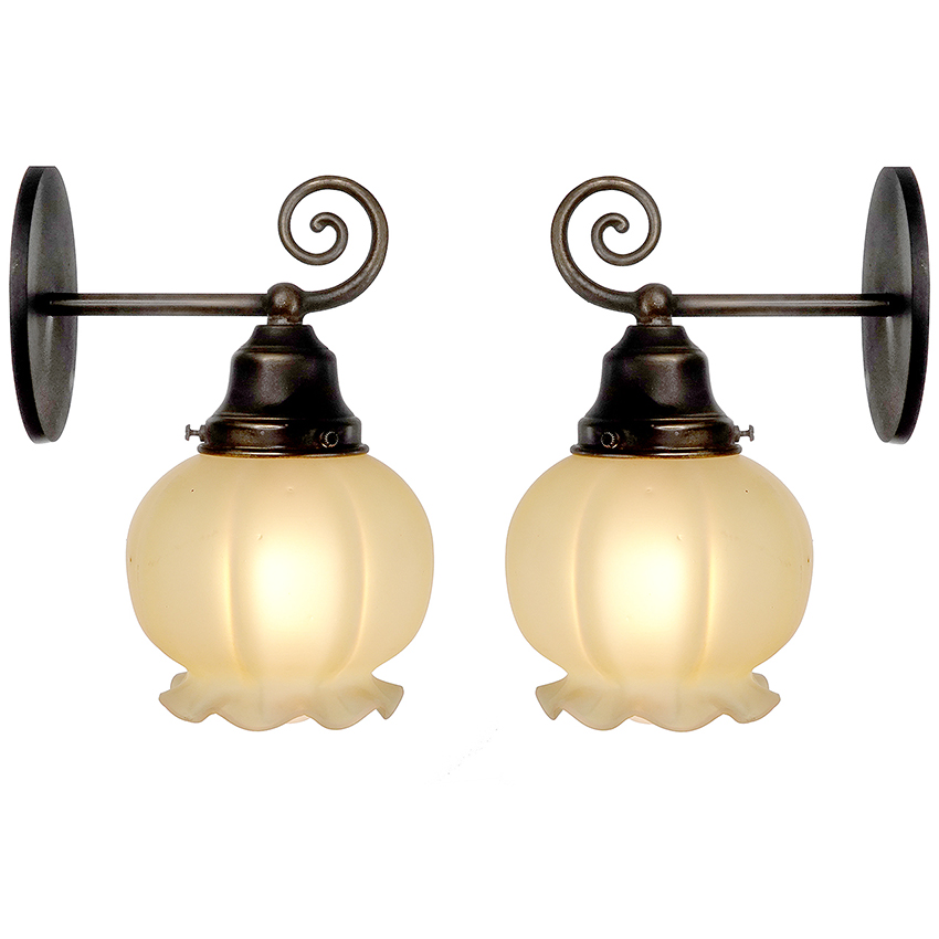 Delicate Flower Form Frosted Vaseline Glass Sconces - Matching Pair