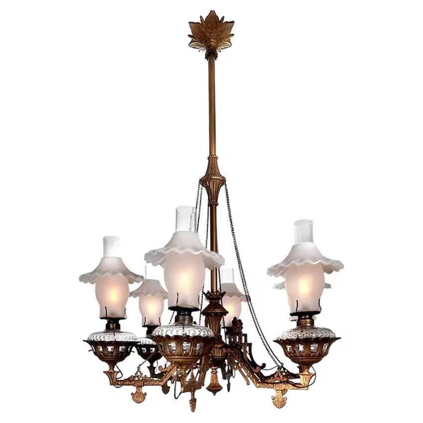 1800s Cast Iron Eastlake Six-Arm Oil Chandelier