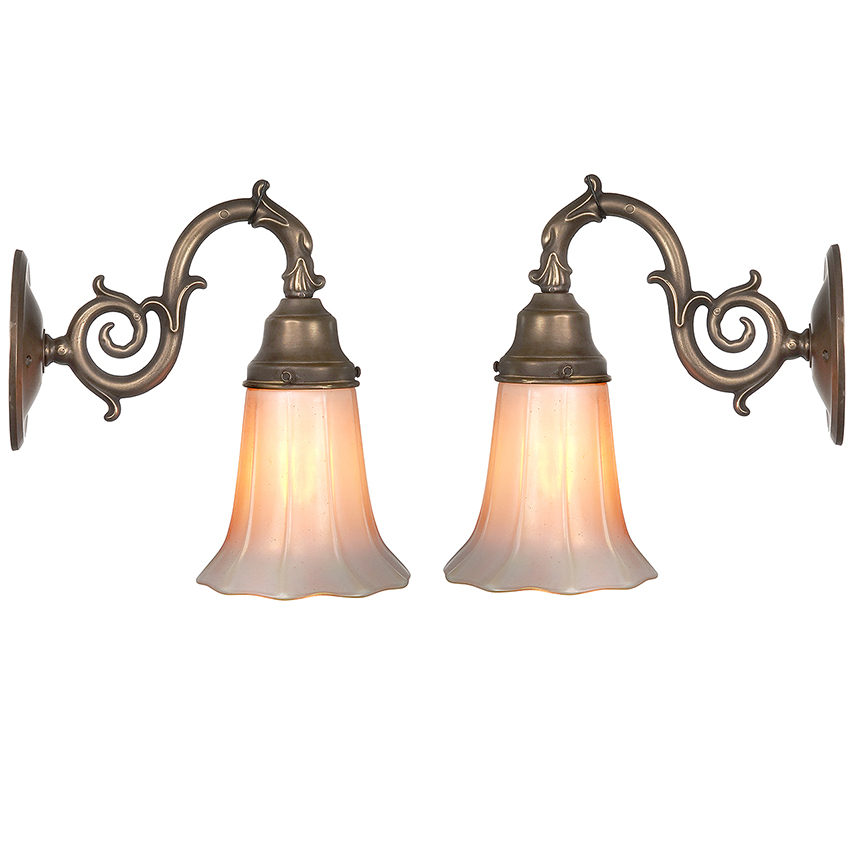 Quezal White Fluted Art Glass Shades with Aurene Interior - Sconce Matching Pair