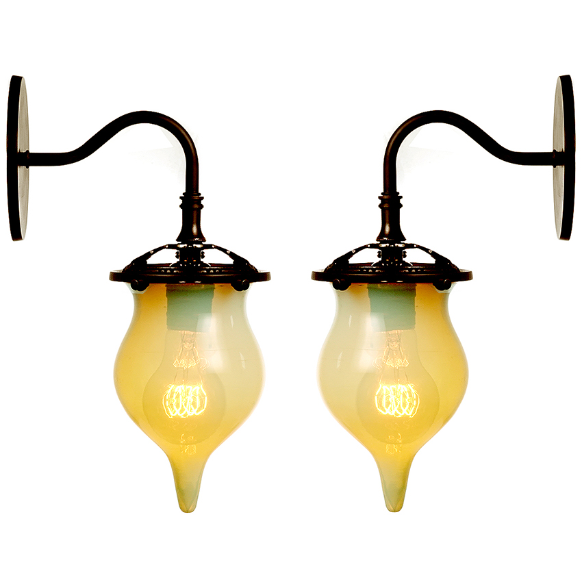 Unique Matching Pair of Teardrop Vaseline Glass Sconces