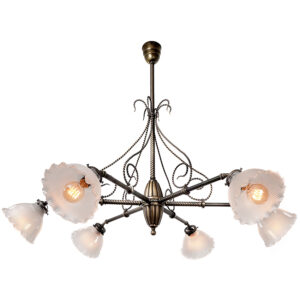 Large Early 6 Light Twisted Rope Chandelier - Frosted and Wavy Prismatic Shades