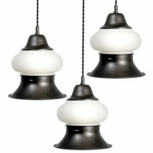 3 Milk Glass Over Steel Trumpet Pendants