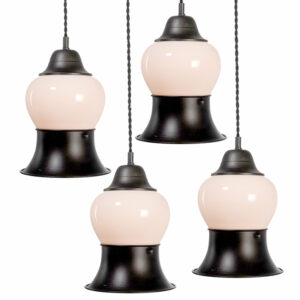 Long Milk Glass Over Steel Trumpet Pendants - Matching Pairs