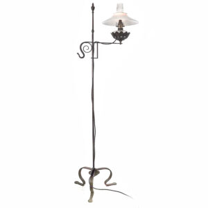 Electrified Oil Lamp On Early Iron Floor Stand