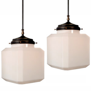 Matching Pair of Unique Large Milk Glass Cube Pendents
