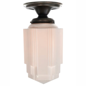 Large Art Deco Milk Glass Skyscraper Flush Mount Lamp