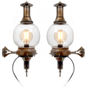 Amazing Pair of Large Globe Railroad Oil Sconces