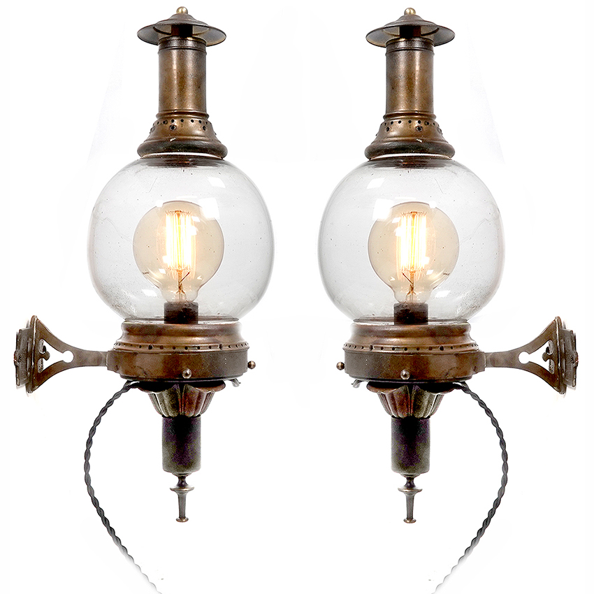 Amazing Pair of Large Globe Railroad Oil Sconces