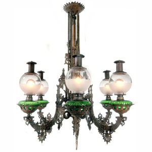 Large Ornate 1800s Cast Iron Six-Arm Oil Chandelier